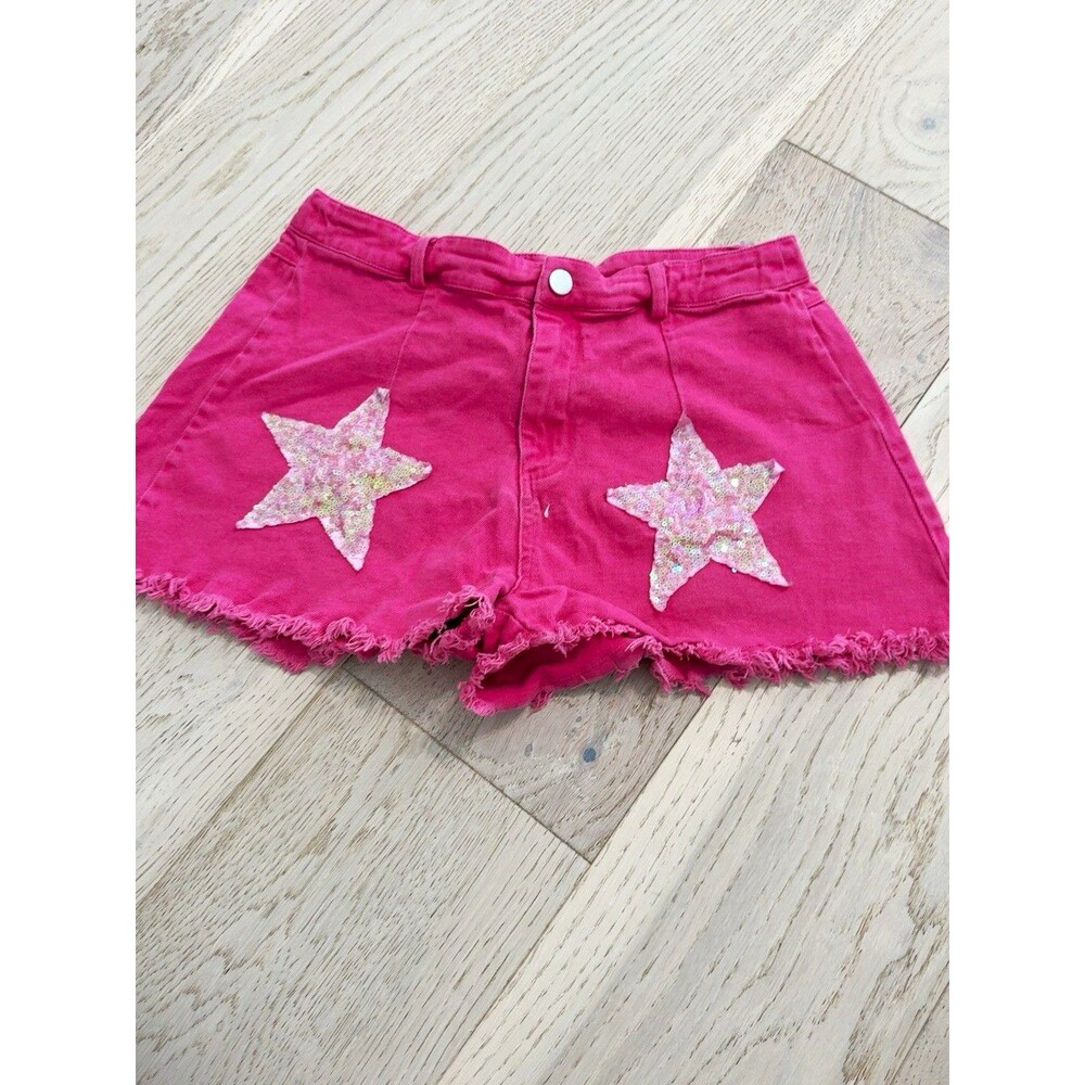 Fantastic Fawn Women’s Pink Cut Off Shorts L Sequin Star Accents Button
